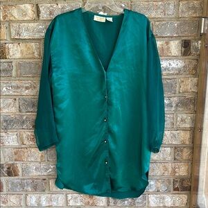 Vintage Victoria's Secret Teal Satin Pajama gown with sheer sleeves